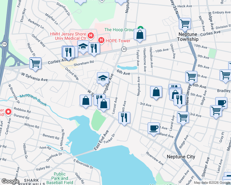 map of restaurants, bars, coffee shops, grocery stores, and more near 94 Locust Avenue in Neptune City