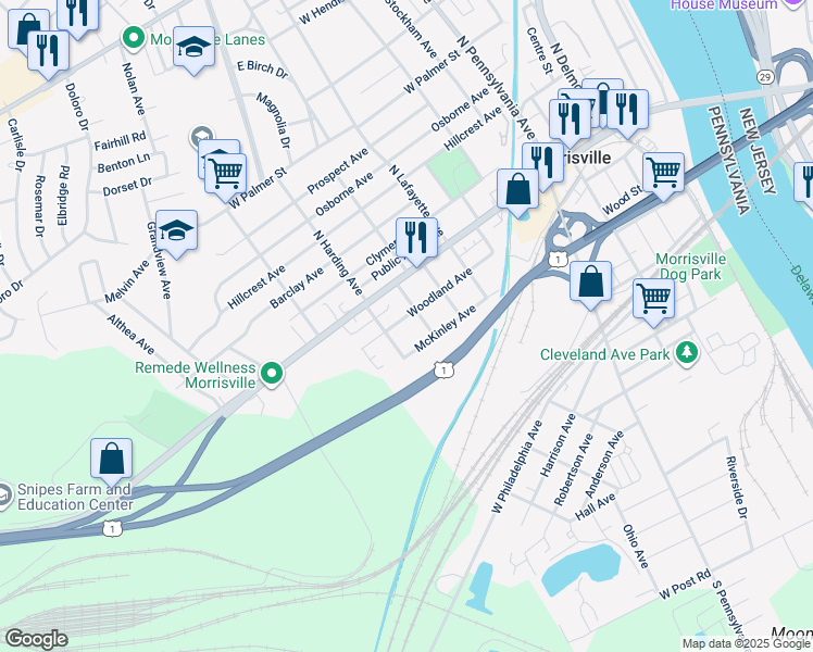 map of restaurants, bars, coffee shops, grocery stores, and more near 415 Woodland Avenue in Morrisville