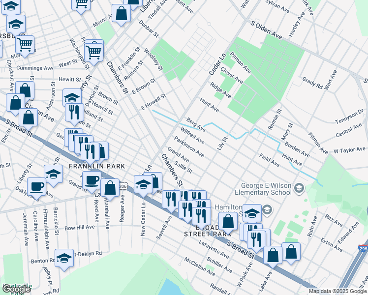 map of restaurants, bars, coffee shops, grocery stores, and more near 142 Grand Avenue in Trenton