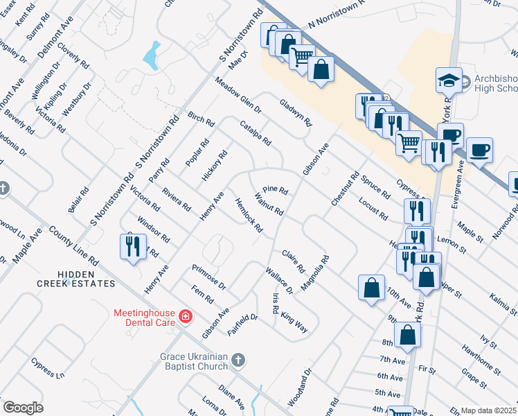 map of restaurants, bars, coffee shops, grocery stores, and more near 885 Hemlock Road in Warminster