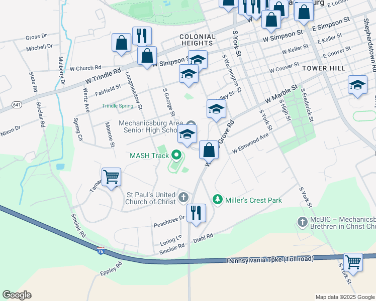 map of restaurants, bars, coffee shops, grocery stores, and more near 500 South Broad Street in Mechanicsburg