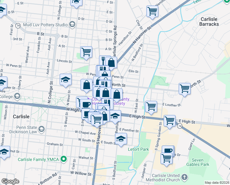 map of restaurants, bars, coffee shops, grocery stores, and more near 65 East Louther Street in Carlisle