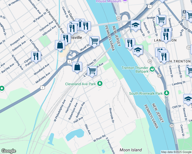 map of restaurants, bars, coffee shops, grocery stores, and more near 98 Delaware Avenue in Morrisville