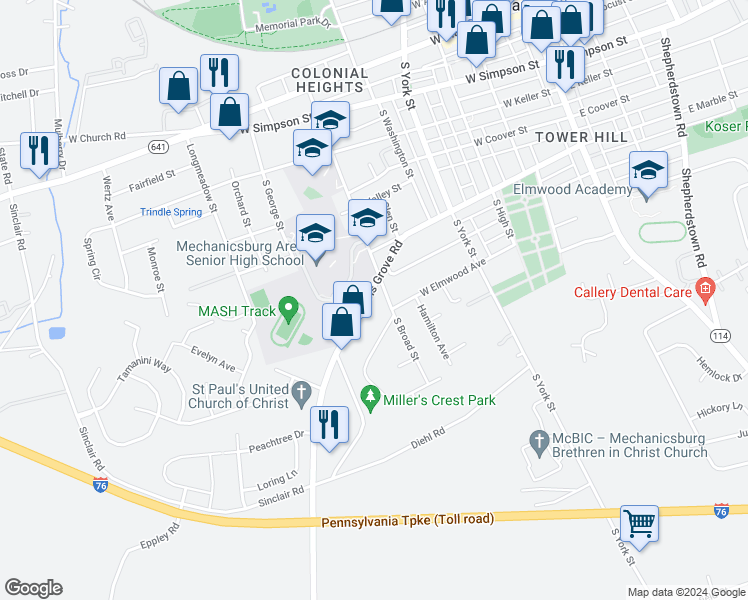 map of restaurants, bars, coffee shops, grocery stores, and more near 509 Williams Grove Road in Mechanicsburg
