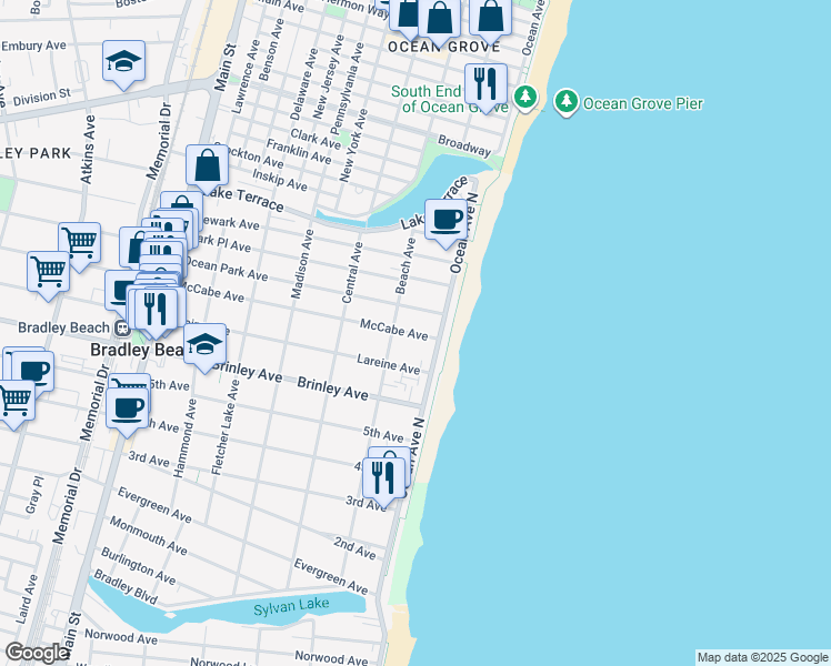map of restaurants, bars, coffee shops, grocery stores, and more near 705 Ocean Avenue in Bradley Beach