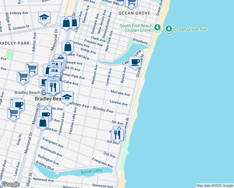 map of restaurants, bars, coffee shops, grocery stores, and more near 702 Beach Avenue in Bradley Beach