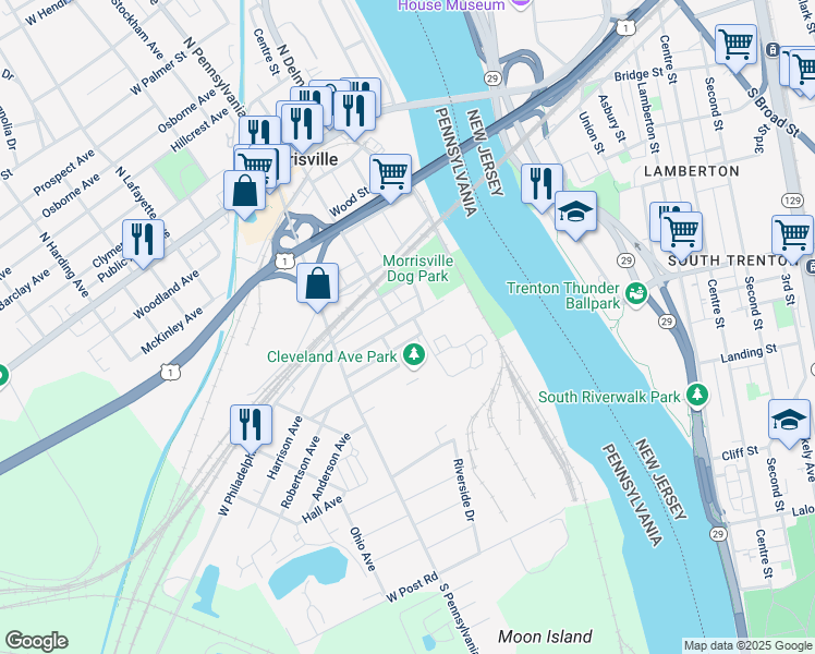 map of restaurants, bars, coffee shops, grocery stores, and more near 109 Delaware Avenue in Morrisville