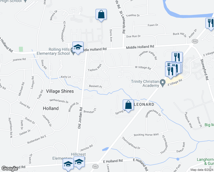 map of restaurants, bars, coffee shops, grocery stores, and more near 43021 Bennett Place in Holland