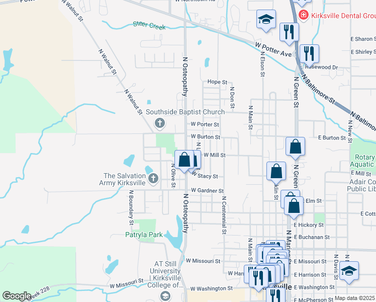 map of restaurants, bars, coffee shops, grocery stores, and more near 1012-1014 North Osteopathy in Kirksville