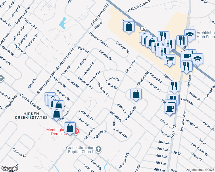 map of restaurants, bars, coffee shops, grocery stores, and more near 890 Walnut Road in Warminster