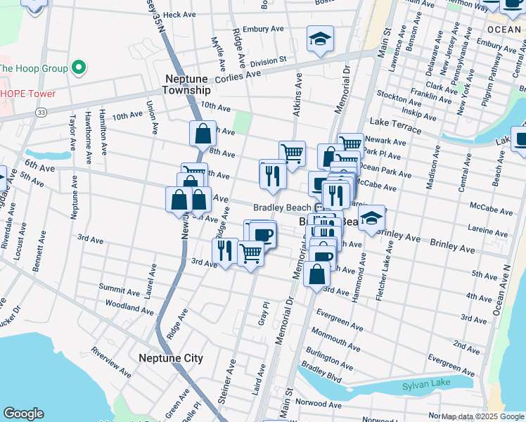 map of restaurants, bars, coffee shops, grocery stores, and more near 1224 6th Avenue in Neptune City