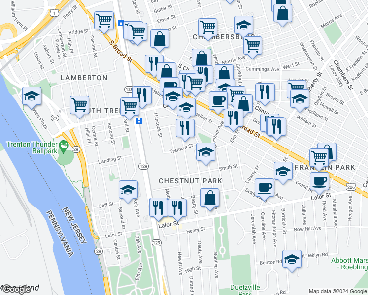 map of restaurants, bars, coffee shops, grocery stores, and more near Beatty Street & Tremont Street in Trenton