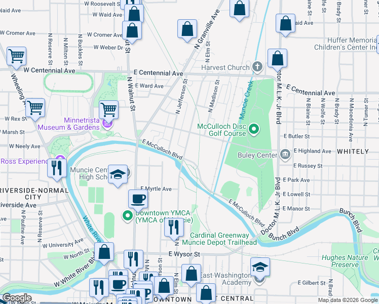 map of restaurants, bars, coffee shops, grocery stores, and more near 1112 North Elm Street in Muncie
