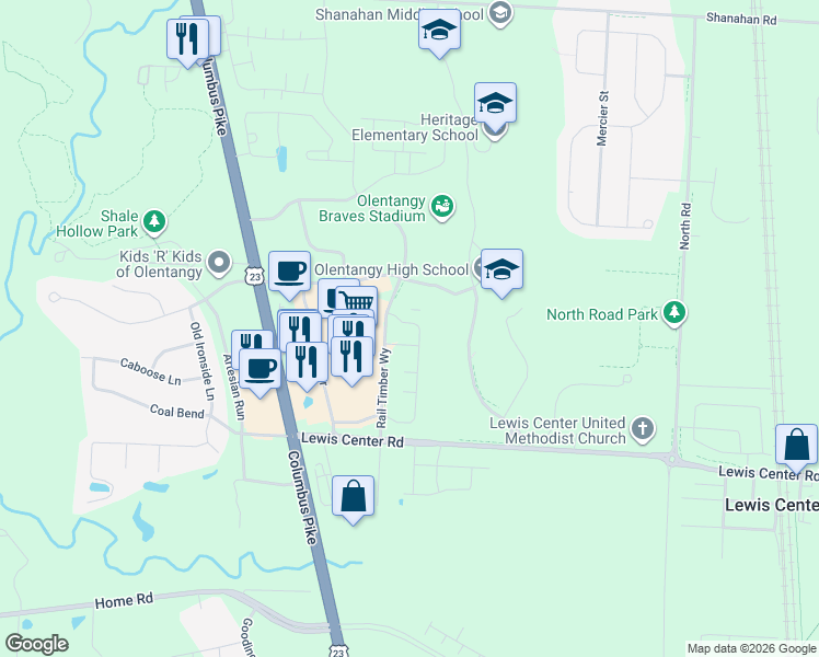 map of restaurants, bars, coffee shops, grocery stores, and more near 400 Lee Way in Lewis Center