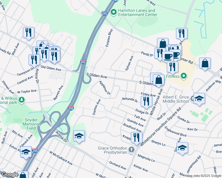 map of restaurants, bars, coffee shops, grocery stores, and more near 17 Olden Terrace in Hamilton Township