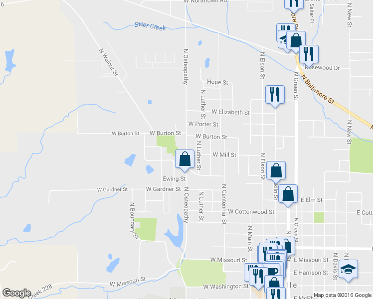 map of restaurants, bars, coffee shops, grocery stores, and more near 1124 North Osteopathy in Kirksville