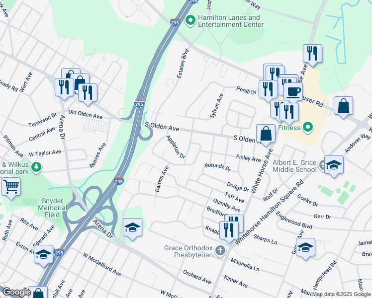 map of restaurants, bars, coffee shops, grocery stores, and more near 17 Olden Terrace in Hamilton Township