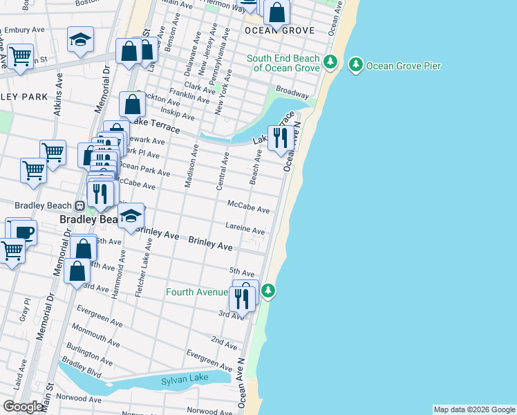 map of restaurants, bars, coffee shops, grocery stores, and more near 702 Beach Avenue in Bradley Beach