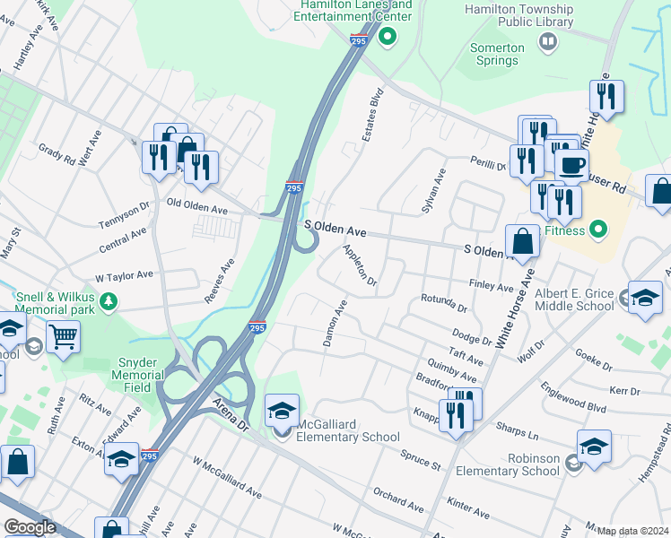 map of restaurants, bars, coffee shops, grocery stores, and more near 13 Belfast Court in Hamilton Township