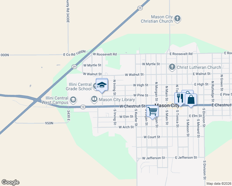 map of restaurants, bars, coffee shops, grocery stores, and more near 501-599 West Pine Street in Mason City