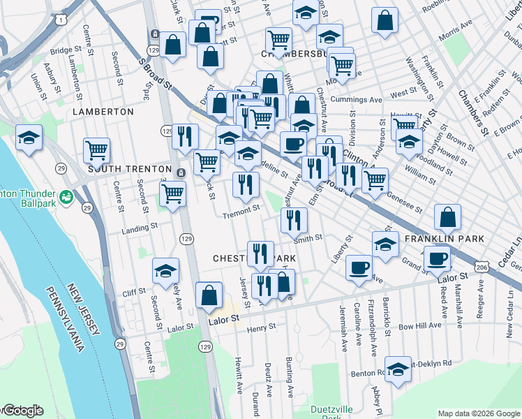 map of restaurants, bars, coffee shops, grocery stores, and more near 25 Randall Avenue in Trenton