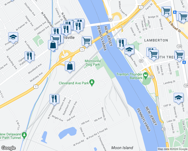 map of restaurants, bars, coffee shops, grocery stores, and more near 223 Delaware Avenue in Morrisville