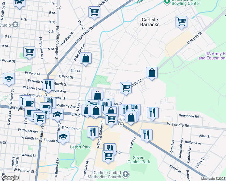 map of restaurants, bars, coffee shops, grocery stores, and more near 135 North Spring Garden Street in Carlisle
