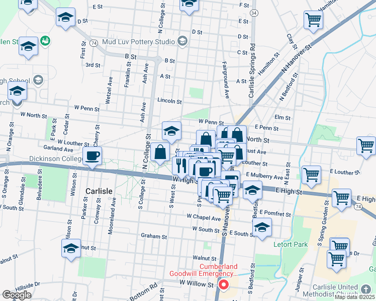 map of restaurants, bars, coffee shops, grocery stores, and more near 154 West Louther Street in Carlisle
