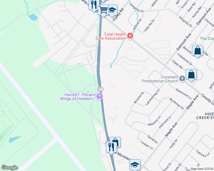 map of restaurants, bars, coffee shops, grocery stores, and more near 1198 Easton Road in Horsham