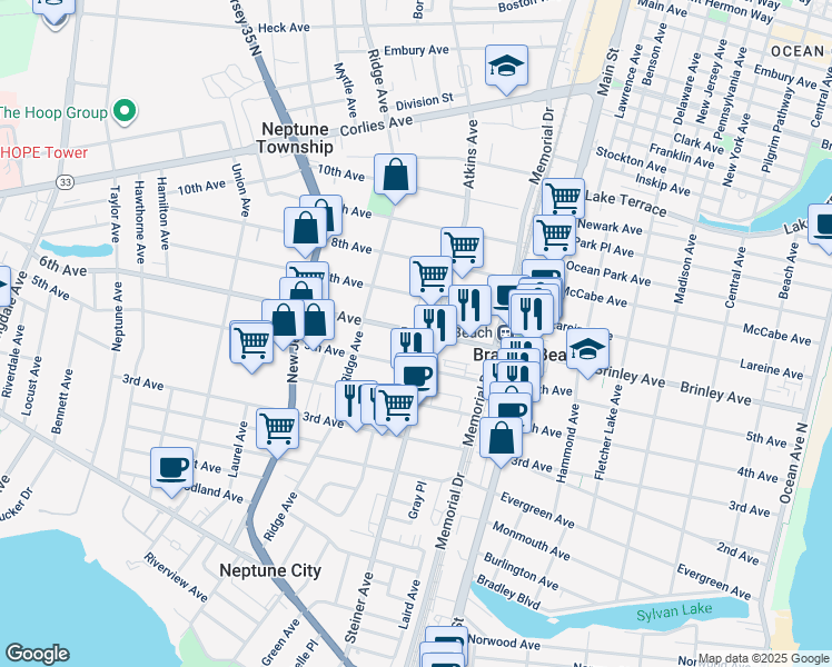 map of restaurants, bars, coffee shops, grocery stores, and more near 1224 6th Avenue in Neptune City