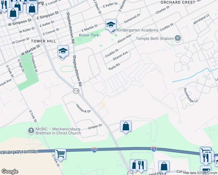 map of restaurants, bars, coffee shops, grocery stores, and more near 100 Edge Towne Lane in Mechanicsburg