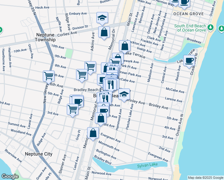 map of restaurants, bars, coffee shops, grocery stores, and more near 618 Main Street in Bradley Beach