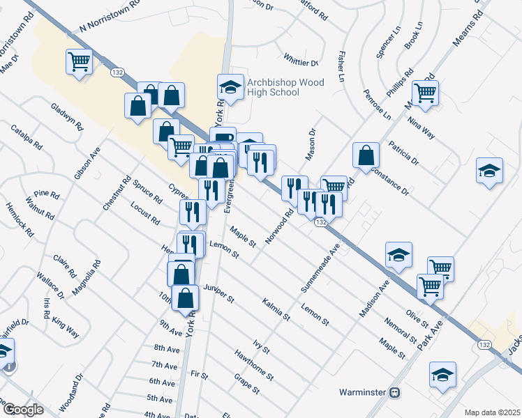 map of restaurants, bars, coffee shops, grocery stores, and more near 550 Olive Street in Warminster