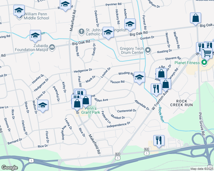 map of restaurants, bars, coffee shops, grocery stores, and more near 137 Winding Way in Morrisville