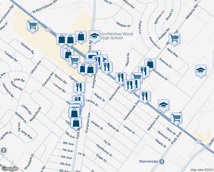 map of restaurants, bars, coffee shops, grocery stores, and more near 550 Olive Street in Warminster