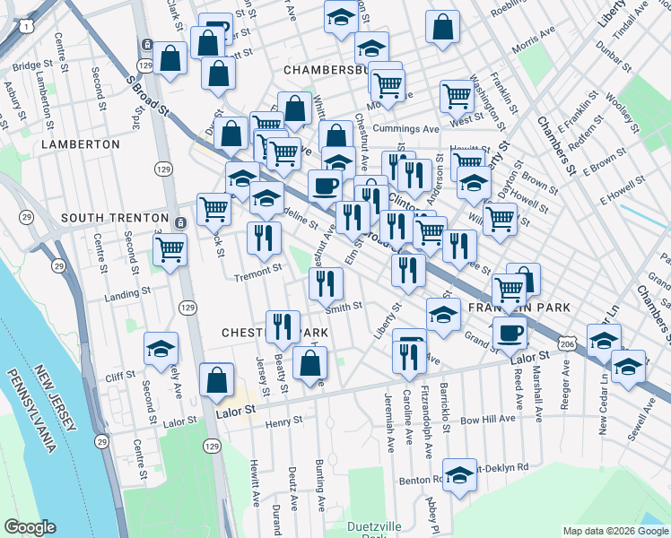 map of restaurants, bars, coffee shops, grocery stores, and more near Elm Street in Trenton
