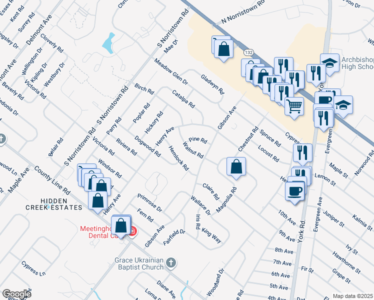 map of restaurants, bars, coffee shops, grocery stores, and more near 890 Walnut Road in Warminster