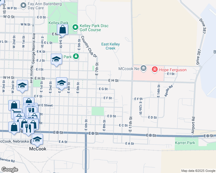 map of restaurants, bars, coffee shops, grocery stores, and more near 952-998 E G St in McCook