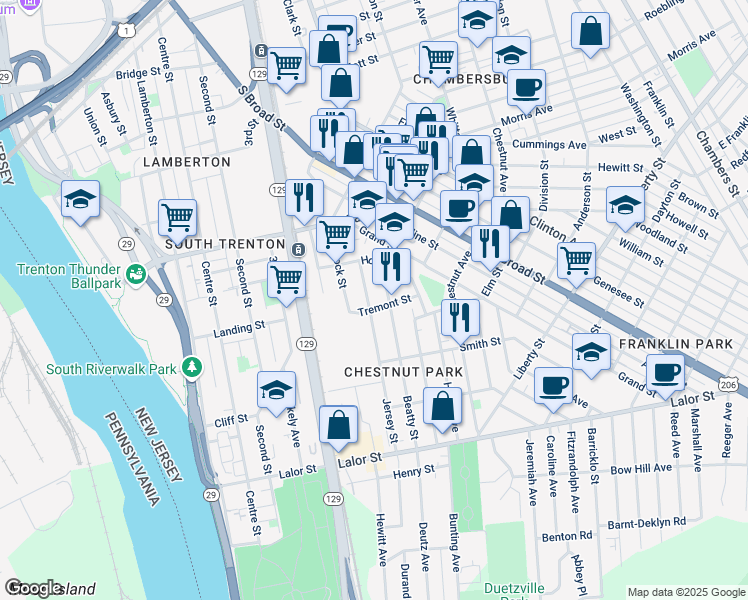 map of restaurants, bars, coffee shops, grocery stores, and more near 619 Beatty Street in Trenton