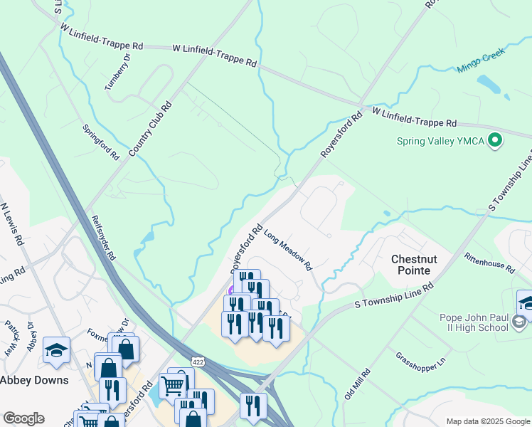 map of restaurants, bars, coffee shops, grocery stores, and more near 297 Royersford Road in Royersford
