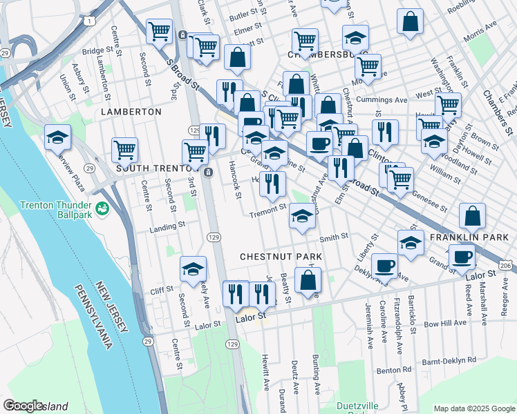 map of restaurants, bars, coffee shops, grocery stores, and more near 68 Jersey Street in Trenton
