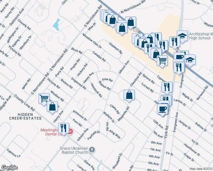 map of restaurants, bars, coffee shops, grocery stores, and more near 877 Walnut Road in Warminster