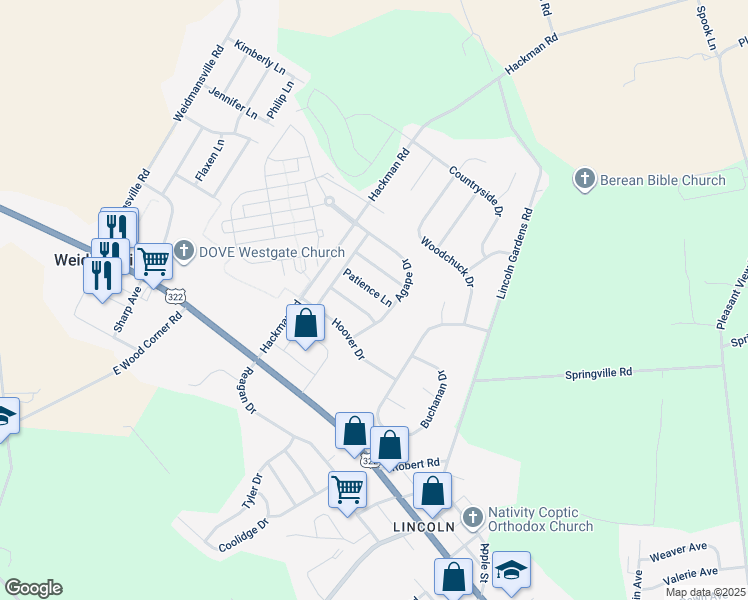 map of restaurants, bars, coffee shops, grocery stores, and more near 48 Patience Lane in Ephrata