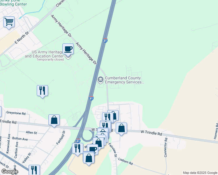 map of restaurants, bars, coffee shops, grocery stores, and more near 33 Seover Way in Carlisle
