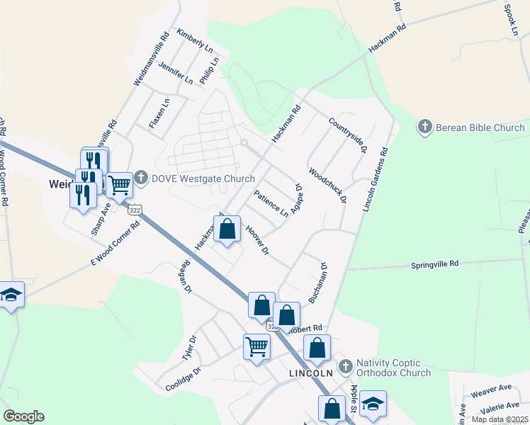 map of restaurants, bars, coffee shops, grocery stores, and more near 37 Peaceful Lane in Ephrata