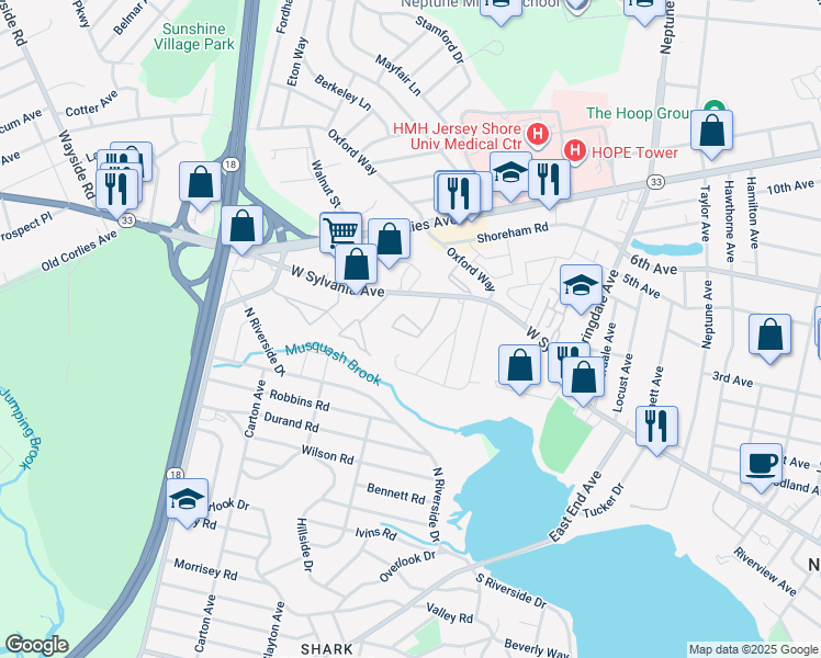 map of restaurants, bars, coffee shops, grocery stores, and more near 301 West Sylvania Avenue in Neptune City