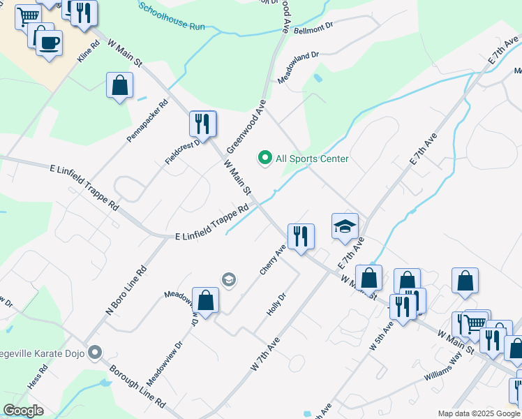 map of restaurants, bars, coffee shops, grocery stores, and more near 874 West Main Street in Collegeville