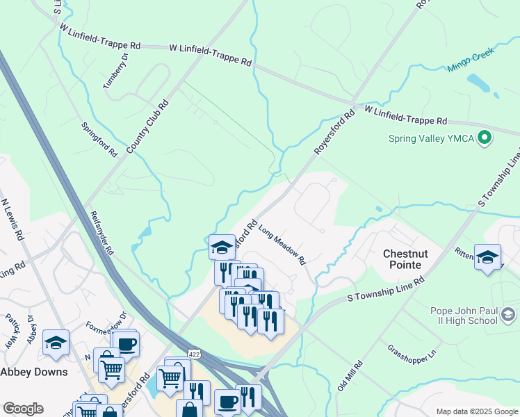 map of restaurants, bars, coffee shops, grocery stores, and more near 297 Royersford Road in Royersford