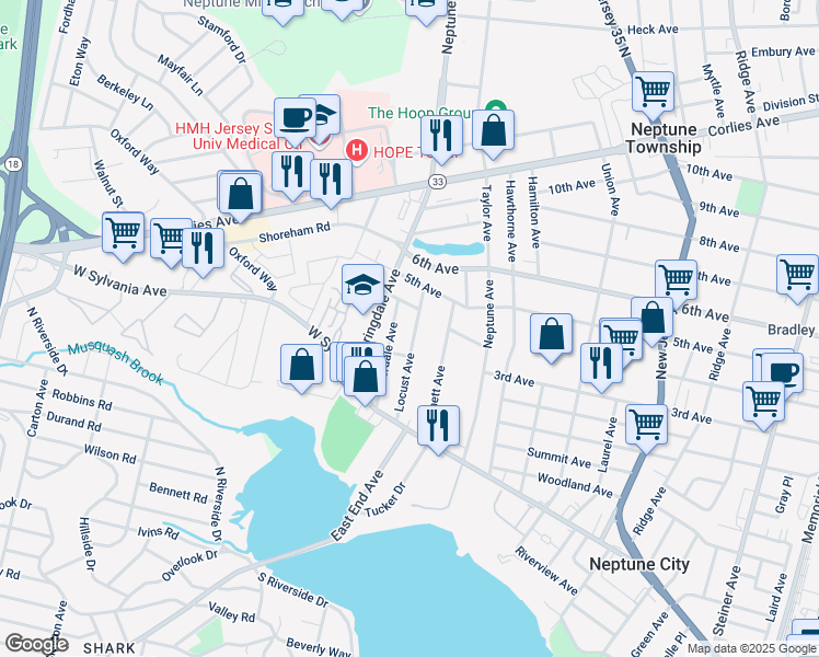 map of restaurants, bars, coffee shops, grocery stores, and more near 180 Summerlan Place in Neptune City
