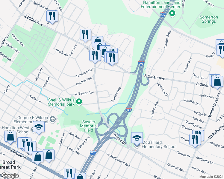 map of restaurants, bars, coffee shops, grocery stores, and more near 1731 South Olden Avenue in Hamilton Township